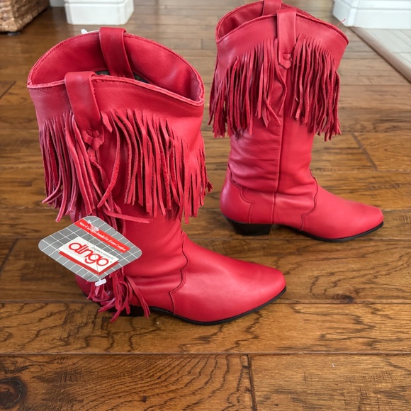 NWT Vintage 1980s Dingo Red Leather Boots with Fringe Women's US Size 7.5 - Picture 2 of 7